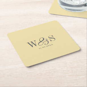 Elegant Butter Yellow initial wedding couples Square Paper Coaster