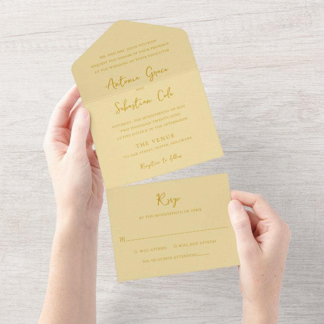 Elegant Butter Yellow Modern Wedding All In One Invitation (Tearaway)