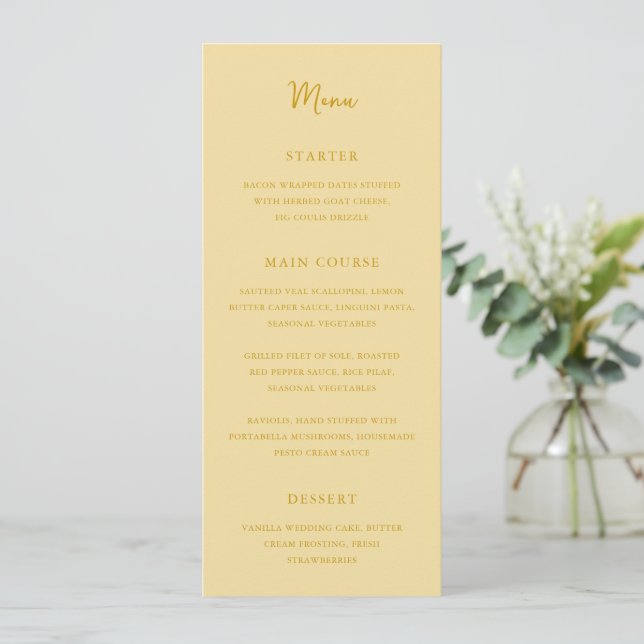 Elegant Butter Yellow Modern Wedding Menu (Standing Front)