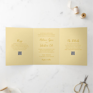 Elegant Butter Yellow QR Code Modern Wedding Tri-Fold Invitation