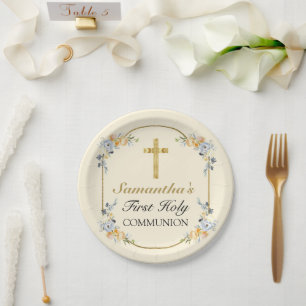 Elegant Buttercream Floral 1st Holy Communion Paper Plate