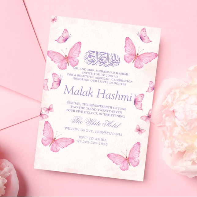 Elegant Butterflies Baby GirI Islamic Aqiqa  Invitation (Creator Uploaded)