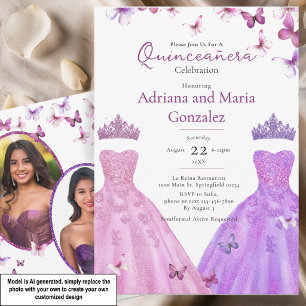 Elegant Butterflies Dress Twin Quinceanera Invitation