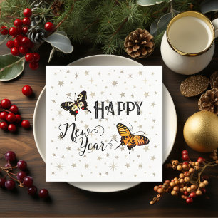 Elegant Butterflies & Stars White Happy New Year Napkin