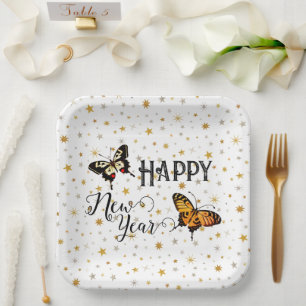 Elegant Butterflies & Stars White Happy New Year Paper Plate