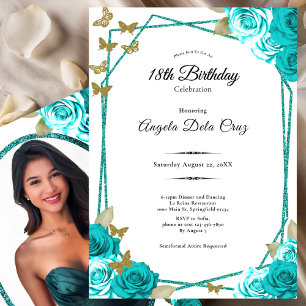 Elegant Butterflies Teal Roses 18th Debut Birthday Invitation