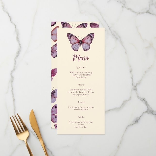 Elegant Butterflies Wedding CUSTOM Party  Menu (Front/Back In Situ)