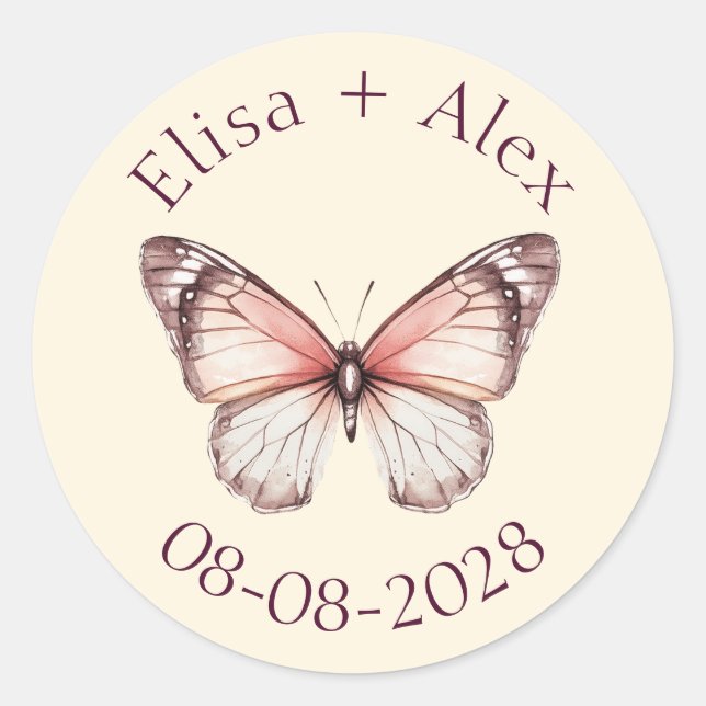 Elegant Butterflies Wedding Engagement CUSTOM Classic Round Sticker (Front)