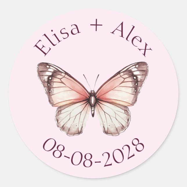 Elegant Butterflies Wedding Engagement CUSTOM Classic Round Sticker (Front)