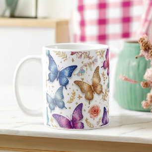 Elegant Butterfly and Floral Glitter Mug
