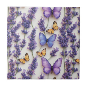 Elegant Butterfly and Lavender Design Ceramic Tile