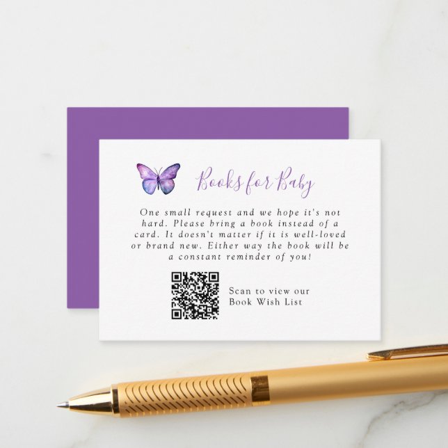 Elegant Butterfly Baby Shower Book Request QR Code Enclosure Card (Front/Back In Situ)