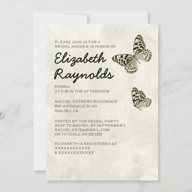 Elegant Butterfly Bridal Shower Invitations (Front)