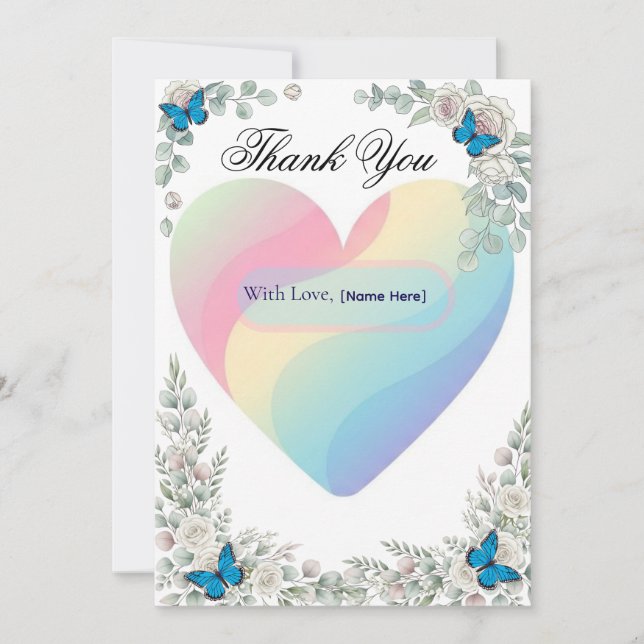 Elegant Butterfly Floral Heart Wedding Thank You   Card (Front)