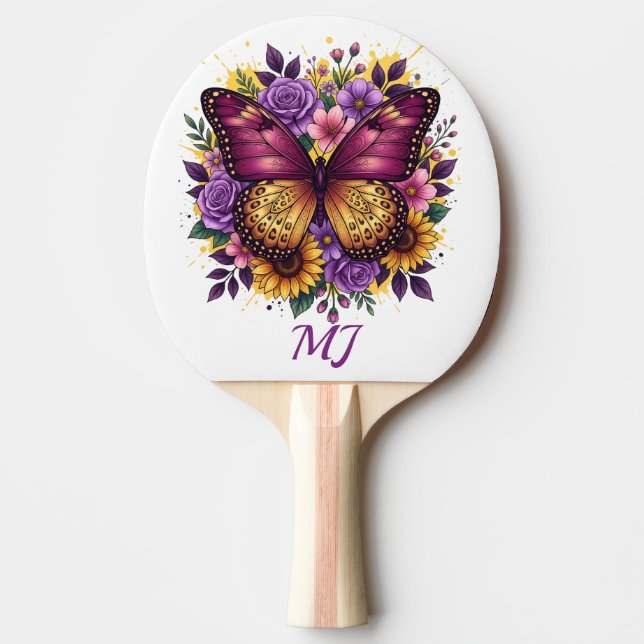 Elegant Butterfly Floral Monogram Initials Ping Pong Paddle (Front)