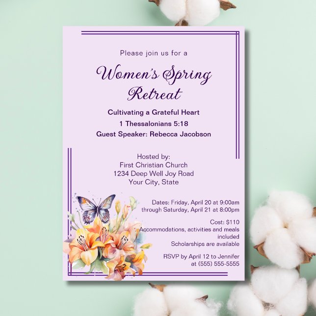 Elegant Butterfly Floral Women’s Church Retreat Invitation (Creator Uploaded)
