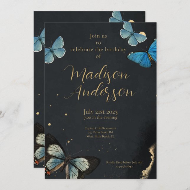 Elegant Butterfly Gold Black Adult Birthday  Invitation (Front/Back)
