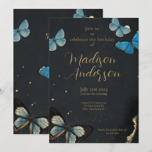 Elegant Butterfly Gold Black Adult Birthday  Invitation