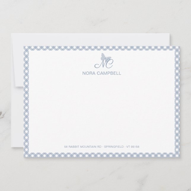 Elegant Butterfly Monogram Dusty Blue Gingham Card (Front)