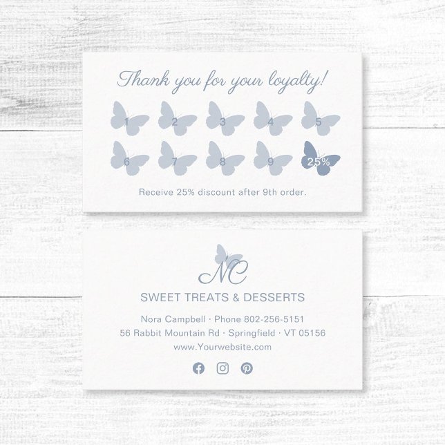 Elegant Butterfly Monogram Dusty Blue Reward Loyalty Card (Elegant dusty blue butterfly thank you for your loyalty business card with social media icons.)