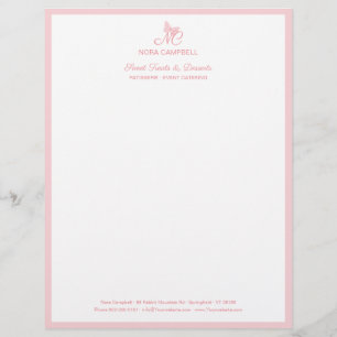 Elegant Butterfly Monogram Girly Peach Pink Border Custom Letterhead