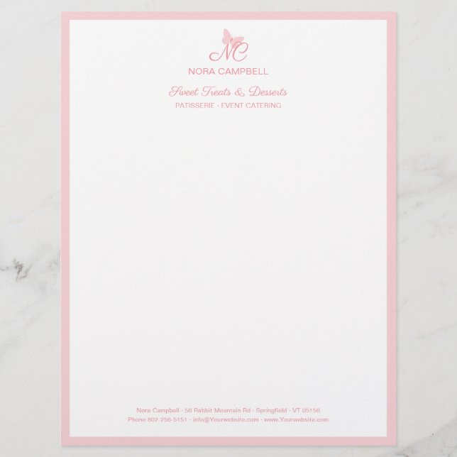 Elegant Butterfly Monogram Girly Peach Pink Border Custom Letterhead (Front)