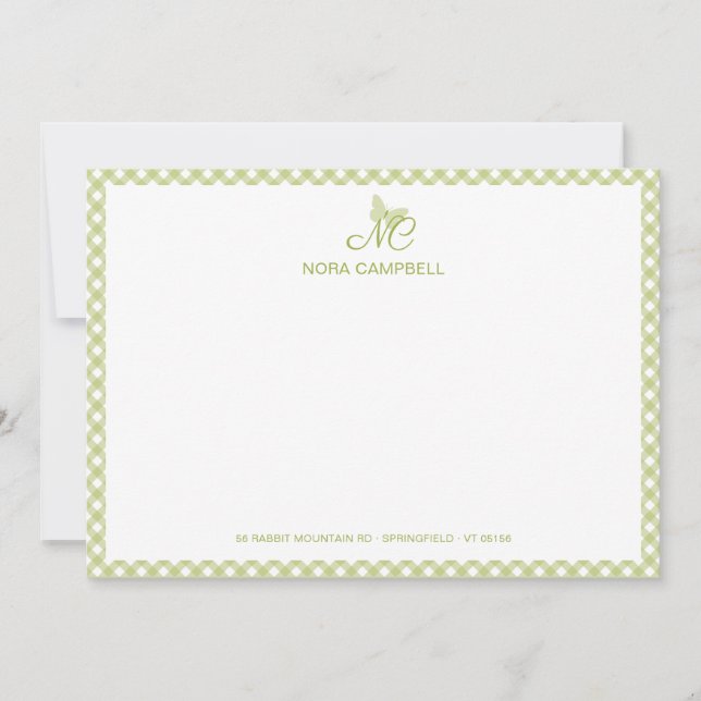 Elegant Butterfly Monogram Green Gingham Note Card (Front)