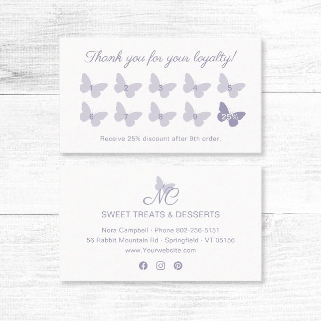 Elegant Butterfly Monogram Lavender Thank You Loyalty Card (Elegant pastel lavender butterfly thank you for your loyalty business card with social media icons.)