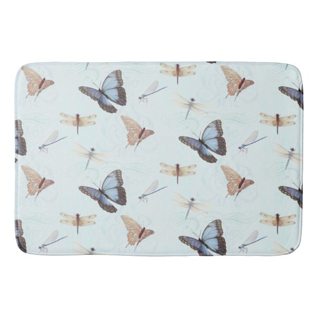 Elegant Butterfly n Dragonfly Swirl Scroll Artwork Bath Mat (Front)