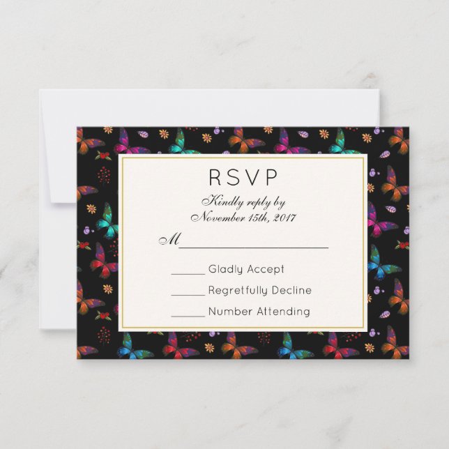 Elegant Butterfly Pattern on Black Wedding RSVP Card (Front)