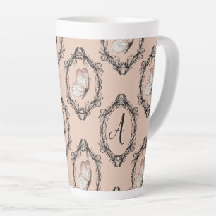 Elegant Butterfly Pink Victorian Damask Monogram Latte Mug