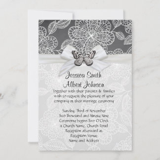 Elegant Butterfly Ribbon Damask Wedding Invite