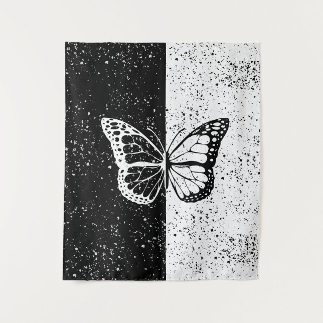 Elegant Butterfly Stars Black White Day and Night Tapestry (Front)