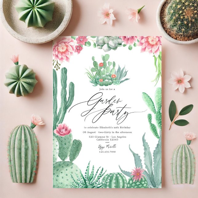 Elegant Cactus and Pink Blooms Garden Party Invitation (Elegant Cactus and Pink Blooms Garden Party Invitation)