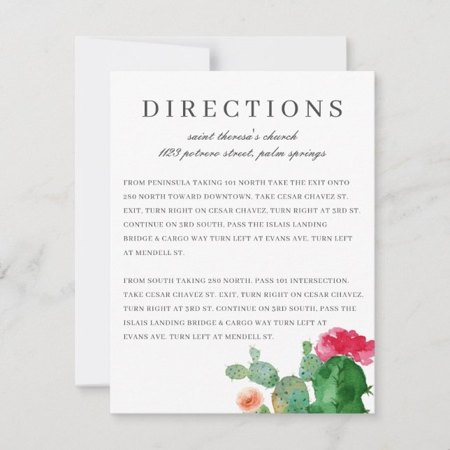 Elegant Cactus Garden | Wedding Directions Card (Front)