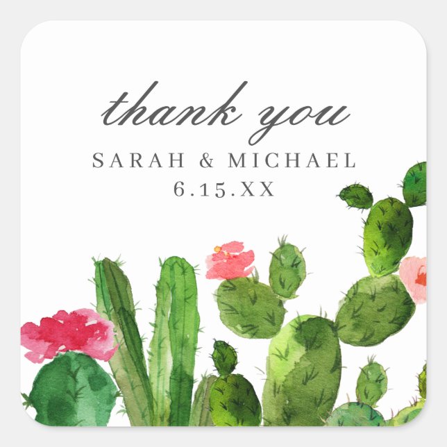 Elegant Cactus Garden | Wedding Favour Square Sticker (Front)