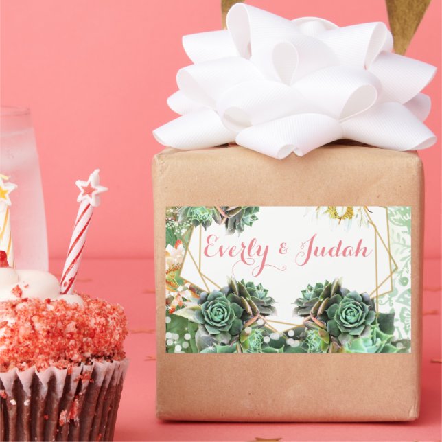 Elegant Cactus Succulent Coral Pink Wedding Rectangular Sticker (Party)