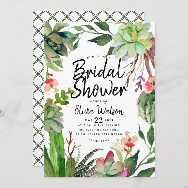 Elegant Cactus Succulent Floral Bridal Shower Invitation (Front/Back)