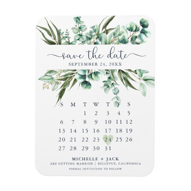 Elegant Calendar Eucalyptus Save The Date Magnet (Vertical)