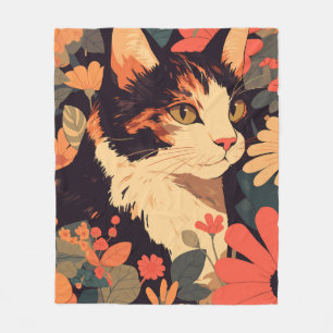 Elegant Calico Cat in Floral Garden Fleece Blanket