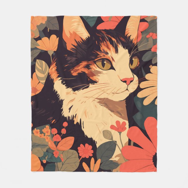 Elegant Calico Cat in Floral Garden Fleece Blanket (Front)