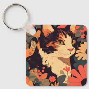 Elegant Calico Cat in Floral Garden Keychain