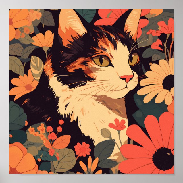 Elegant Calico Cat in Floral Garden Matte Poster (Front)
