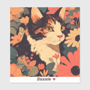 Elegant Calico Cat in Floral Garden Vinyl Sticker 