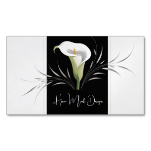 Elegant Calla Lily Black and White Silver Swirl Magnetic Business Card