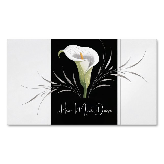 Elegant Calla Lily Black and White Silver Swirl Magnetic Business Card (Front)