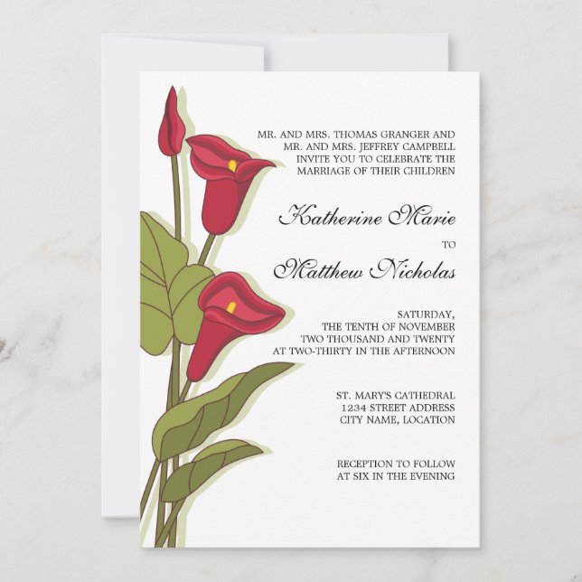 Elegant Calla Lily in Magenta Wedding Invitations (Front)
