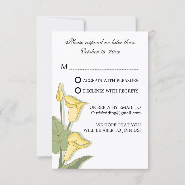 Elegant Calla Lily Yellow RSVP Cards (Back)