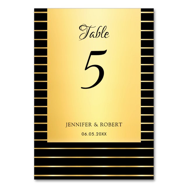 Elegant Calligraphed Script Black And Gold Trendy Table Number (Front)