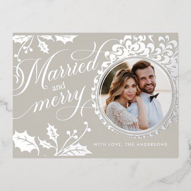 Elegant Calligraphy 1 Photo Foil Holiday Post Card (Front)